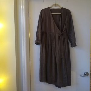 Grey Wrap Long Sleeve Linen Dress